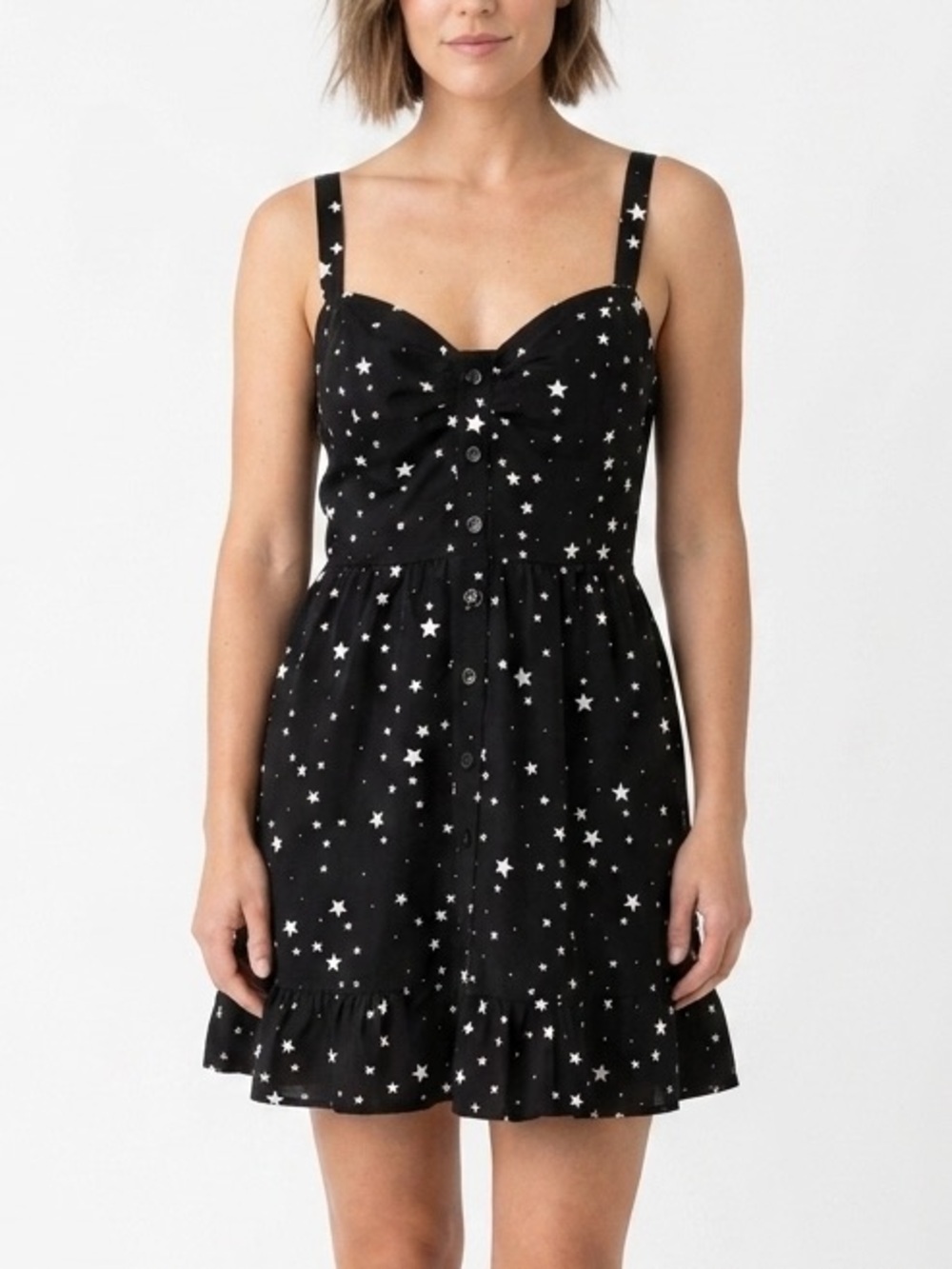 HELL BUNNY Black Button Down Mini Dress Stars Adjustable Straps Size XL * FLAWS*